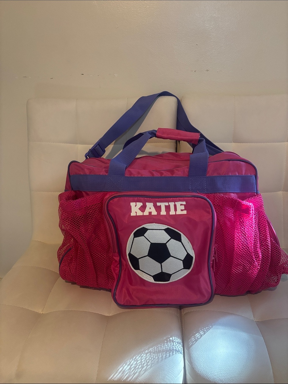 Personalized Pink Kids Soccer Duffel Bag with Purple adjustable Straps - Katie